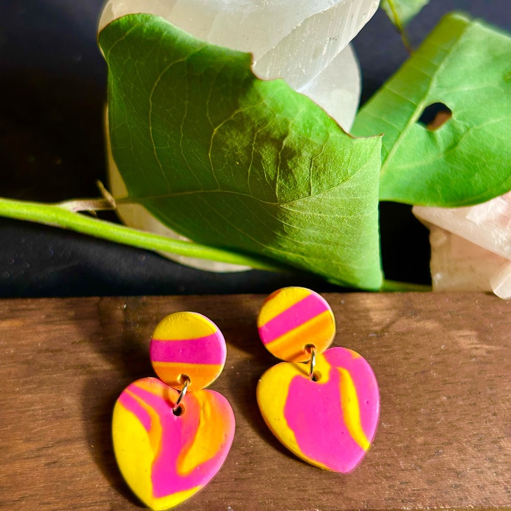 Vibrant Pink and Yellow Marbled Heart Dangle Stud Earrings